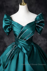 Teal A-Line Off The Shoulder Satin Long Semi Formal Prom Dress, Elegant Evening Dress