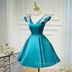 Teal Blue Satin Short Party Dress With White Lace, Blue Homecoming Dress Semi Formal Prom Dress