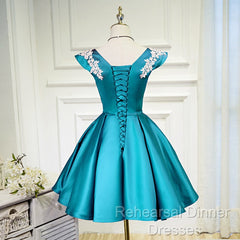 Teal Blue Satin Short Party Dress With White Lace, Blue Homecoming Dress Semi Formal Prom Dress