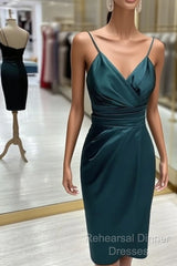 Teal Satin V Neck Sheath Midi Dress