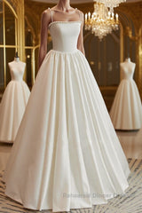 Thin Straps Open Back Ivory Satin Long Semi Formal Prom Dresses with Pearls, Long Ivory Formal Graduation Evening Dresses