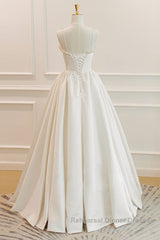 Thin Straps Open Back Ivory Satin Long Semi Formal Prom Dresses with Pearls, Long Ivory Formal Graduation Evening Dresses