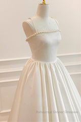 Thin Straps Open Back Ivory Satin Long Semi Formal Prom Dresses with Pearls, Long Ivory Formal Graduation Evening Dresses