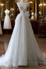 Timeless A Line V Neckline Sequin Sleeveless White Wedding Dresses Brides Dress
