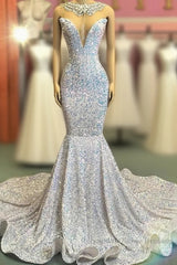 Trumpet Mermaid Beading Sequin White Semi Formal Prom Dress