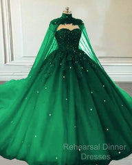 Tulle Ball Gown Emerald Green Quinceanera Dresses Crystals With Cape Free