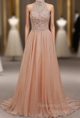 Tulle & Chiffon High Neck Evening Dresses With Beading