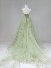 Tulle Long Semi Formal Prom Dress A-Line Green Long Evening Dress