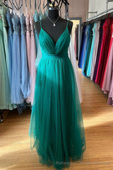 Tulle Skirt Dark Blue Prom Dresses With V-Neckline