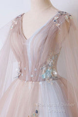 Tulle V Neck Appliques Champagne Long Sleeves Flower Semi Formal Prom Dress