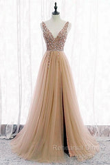 Tulle V Neck Sequins Beaded Dresses With Slit