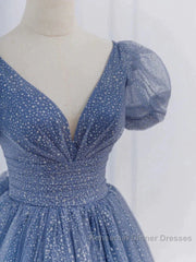 Tulle V Neck Short Sleeve Blue Sparkle Semi Formal Prom Dress With Bow