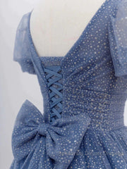 Tulle V Neck Short Sleeve Blue Sparkle Semi Formal Prom Dress With Bow