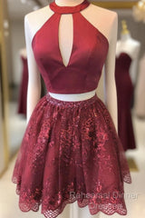 Two Piece Burgundy Beaded Sequins Homecoming Dress With Cut Out
