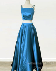 Two Piece Green Satin Semi Formal Prom Dress With Straps