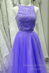 Two Piece Lavender Semi Formal Prom Dresses Lace Crop