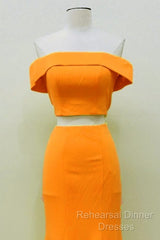 Two Piece Orange Semi Formal Prom Dresses Mermaid Off Shoulder
