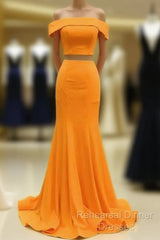 Two Piece Orange Semi Formal Prom Dresses Mermaid Off Shoulder