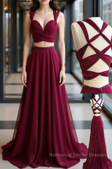 Two Pieces Burgundy Chiffon Long Semi Formal Prom Dresses, 2 Pieces Wine Red Long Formal Evening Dresses