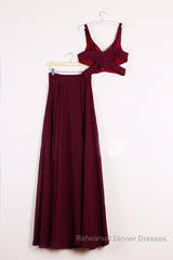 Two Pieces Burgundy Long Semi Formal Prom Dresses, Dark Wine Red 2 Pieces Long Formal Bridesmaid Dresses
