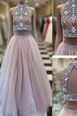 Two Pieces High-Neck Beaded Tulle Long  Champagne Semi Formal Prom Dresses, Evening Dresses