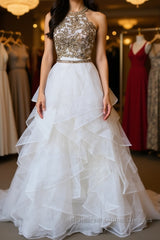 Two Pieces Lace White Tulle Long Semi Formal Prom Dresses, White Two Pieces Formal Dresses, Evening Dresses, Ball Gown