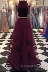 Two Pieces Maroon Long Semi Formal Prom Dresses, Dark Burgundy 2 Pieces Formal Evening Dresses