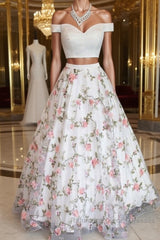 Two Pieces Off The Shoulder Lace Floral White Semi Formal Prom Dresses, Off Shoulder White Formal Dresses, Two Pieces White Evening Dresses