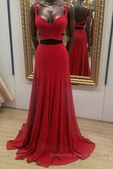 Two Pieces Red Long Semi Formal Prom Dresses, 2 Pieces Red Long Formal Evening Dresses