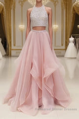 Two Pieces Round Neck Sequins Long Pink Semi Formal Prom Dresses, Pink Evening Dresses