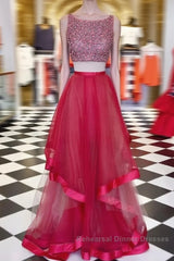 Two Pieces Sequin Round Neck Tulle Long Red Semi Formal Prom Dresses, Red Evening Dresses