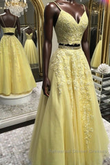 Two Pieces V Neck Yellow Lace Long Semi Formal Prom Dresses, 2 Pieces Yellow Formal Dresses, Yellow Lace Evening Dresses