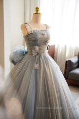 Unique And Beautiful Gray Sticker Sleeveless Off The Shoulder Ball Dress, Gray A-Line Princess Sheer Thin Shoulder Strap, Backless Tie Bow And Ground Length Semi Formal Prom Dress