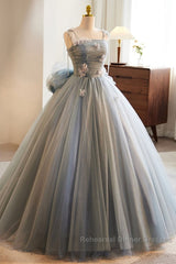 Unique And Beautiful Gray Sticker Sleeveless Off The Shoulder Ball Dress, Gray A-Line Princess Sheer Thin Shoulder Strap, Backless Tie Bow And Ground Length Semi Formal Prom Dress