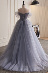 Unique And Beautiful Silver Gray Beaded Pearl Sequins Off The Shoulder Sleeveless Decal Pleated Ball Dress Silver Gray A-Shaped Thin Gauze Pong Truffle Back Strap And Ground Length Semi Formal Prom Dress