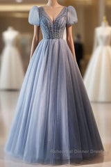 Unique And Beautiful Sky Blue Beaded Rhinestone Fluffy Short Sleeved Ball Dress With Sky Blue A-Shaped Princess V-Neck Backless Strap And Ground Length Evening Dress