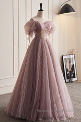 Unique And Elegant Dark Pink Sequin Off The Shoulder Short Sleeved Ball Dress Dark Pink A-Line Princess Glitter Beaded Backless And Ground Length Semi Formal Prom Dress