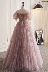 Unique And Elegant Dark Pink Sequin Off The Shoulder Short Sleeved Ball Dress Dark Pink A-Line Princess Glitter Beaded Backless And Ground Length Semi Formal Prom Dress