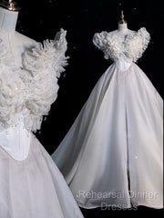 Unique Ball Gown Sweetheart Long Tulle White Wedding Dresses Brides Dress