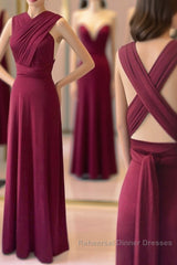 Unique Burgundy Long Semi Formal Prom Dresses with Cross Back, Burgundy Formal Graduation Evening Dresses, Burgundy Bridesmaid Dresses