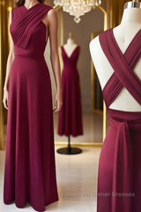 Unique Burgundy Long Semi Formal Prom Dresses with Cross Back, Burgundy Formal Graduation Evening Dresses, Burgundy Bridesmaid Dresses