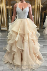 Unique champagne tulle sequin long Semi Formal Prom Dresses, champagne evening Dresses