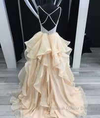 Unique champagne tulle sequin long Semi Formal Prom Dresses, champagne evening Dresses