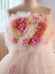 Unique High Low Flower Pink Tulle Sweetheart Semi Formal Prom Dress