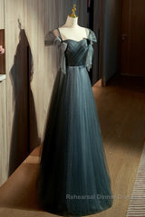 Unique Ink Blue Spotted Off Shoulder Short Sleeve Sequin Ball Dress Ink Blue A-Line Off Back Tie Bow And Floor Length Semi Formal Prom Dress