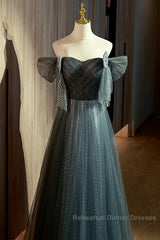 Unique Ink Blue Spotted Off Shoulder Short Sleeve Sequin Ball Dress Ink Blue A-Line Off Back Tie Bow And Floor Length Semi Formal Prom Dress