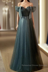 Unique Ink Blue Spotted Off Shoulder Short Sleeve Sequin Ball Dress Ink Blue A-Line Off Back Tie Bow And Floor Length Semi Formal Prom Dress
