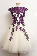 Unique Lace Tulle Short Semi Formal Prom Dress, Lace Bridesmaid Dress