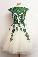 Unique Lace Tulle Short Semi Formal Prom Dress, Lace Bridesmaid Dress