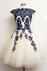 Unique Lace Tulle Short Semi Formal Prom Dress, Lace Bridesmaid Dress